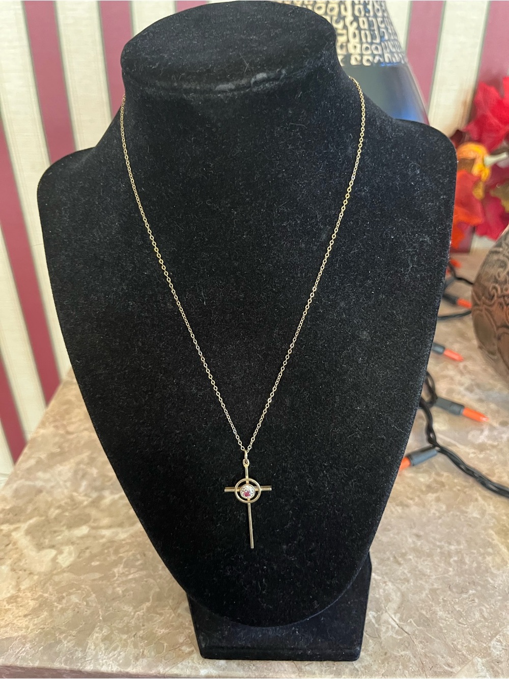 Vintage 1977 Sarah Coventry Gold Filled Chain Cross pendant with central red gem